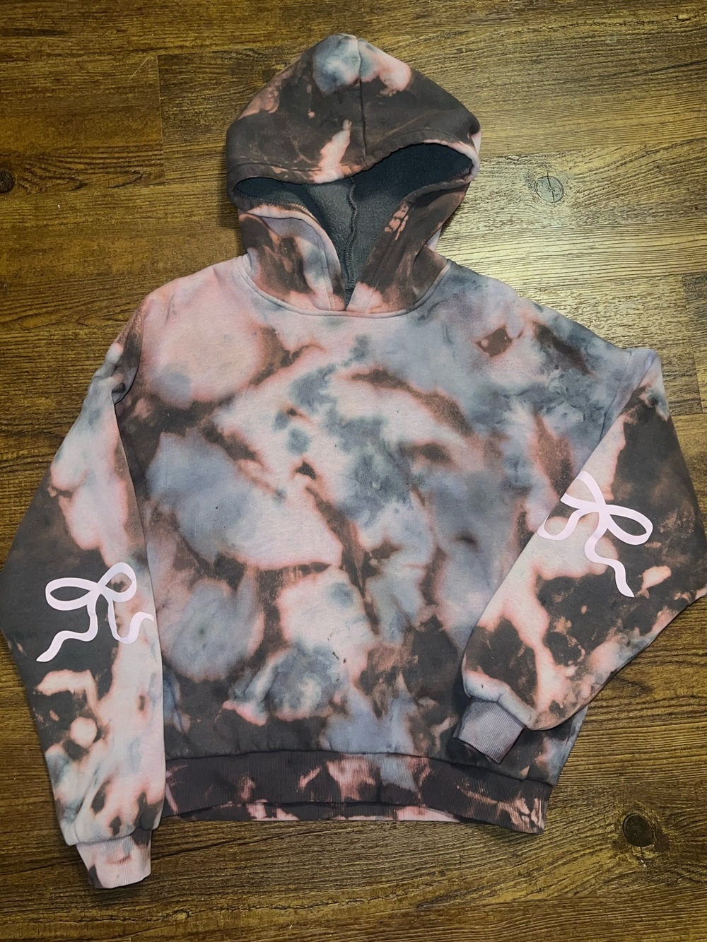 Edikted Bonney Bow Gray Tie-Dye Pink Coquette Upcycled Acid Wash Hoodie Size XS